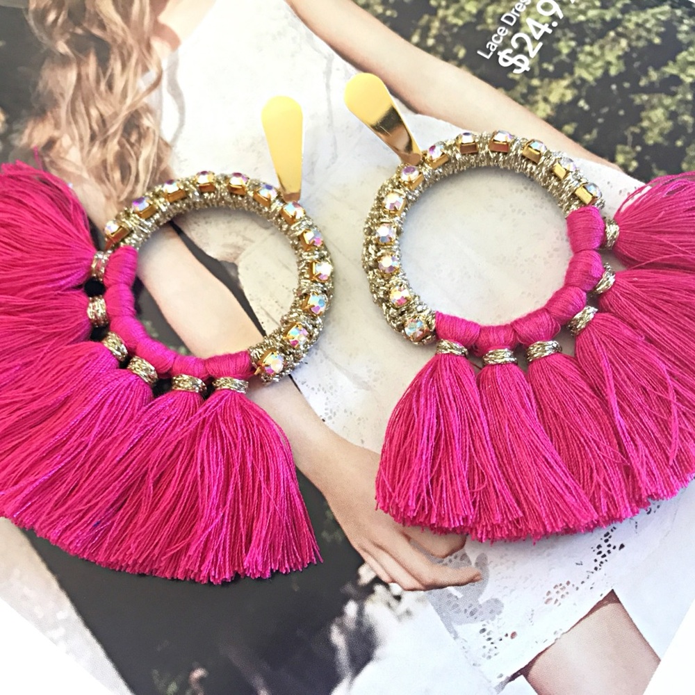 Elegant Pink Tassel Hoop Earrings